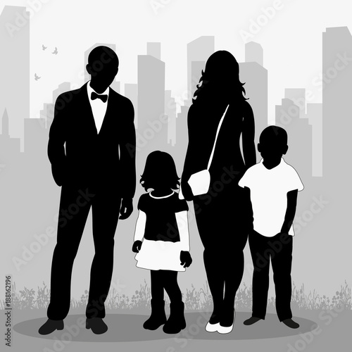 vector  isolated silhouette of family stand on city background