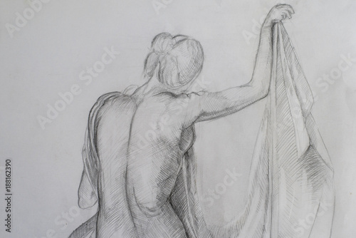 Sketch of a woman with no clothes from behind
