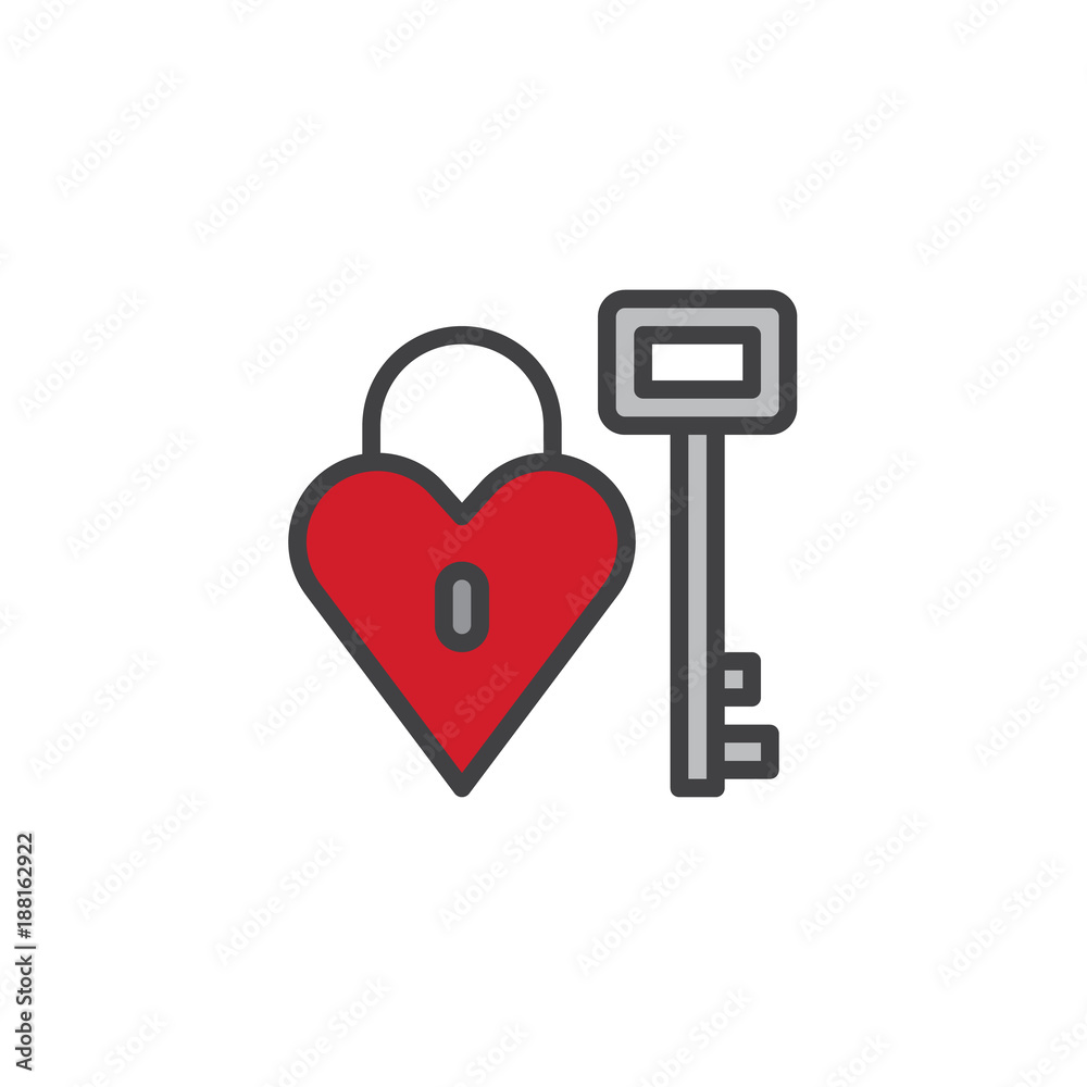 Heart lock with key filled outline icon, line vector sign, linear colorful pictogram isolated on white. Valentines day symbol, logo illustration. Pixel perfect vector graphics Heart lock with key filled outline icon, line vector sign, linear colorful pictogram isolated on white. Valentines day symbol, logo illustration. Pixel perfect vector graphics