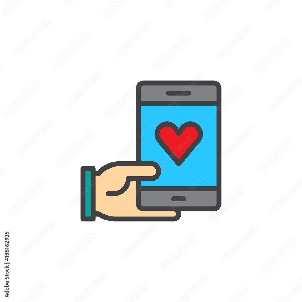 Hand holding phone with heart filled outline icon, line vector sign, linear colorful pictogram isolated on white. Sending love message symbol, logo illustration. Pixel perfect vector graphics Hand holding phone with heart filled outline icon, line vector sign, linear colorful pictogram isolated on white. Sending love message symbol, logo illustration. Pixel perfect vector graphics