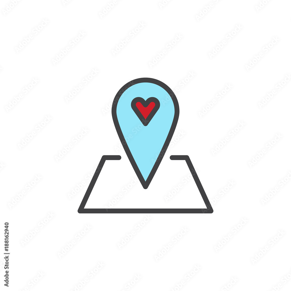 Love location filled outline icon, line vector sign, linear colorful pictogram isolated on white. Heart pointer symbol, logo illustration. Pixel perfect vector graphics