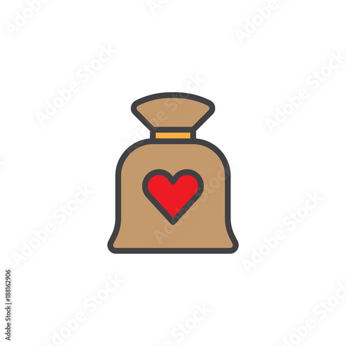 Love bag with heart filled outline icon, line vector sign, linear colorful pictogram isolated on white. Valentines day symbol, logo illustration. Pixel perfect vector graphics