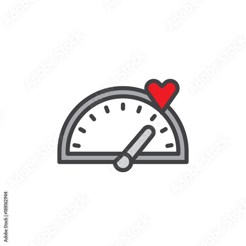 Love meter speedometer filled outline icon, line vector sign, linear colorful pictogram isolated on white. Symbol, logo illustration. Pixel perfect vector graphics