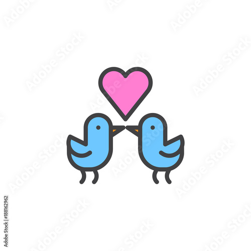 Love birds with heart filled outline icon, line vector sign, linear colorful pictogram isolated on white. Couple birds symbol, logo illustration. Pixel perfect vector graphics