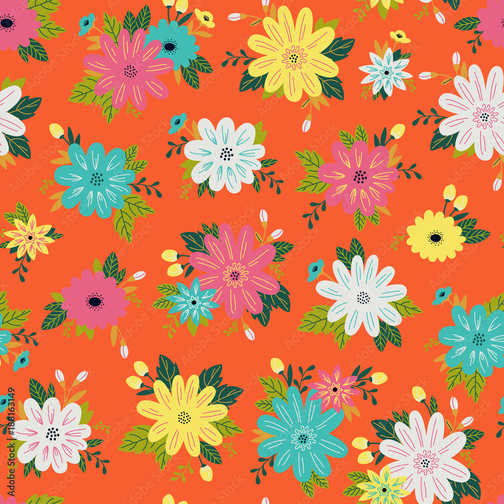 Cute Seamless Pattern with Flower and Leaves. Cute Seamless Pattern with Flower and Leaves.
