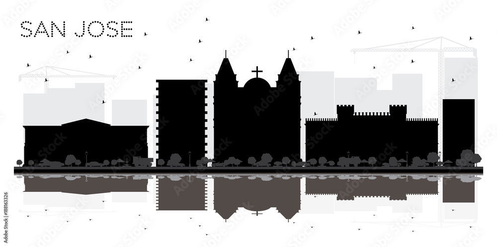 Obraz premium San Jose Costa Rica City Skyline Black and White Silhouette with Reflections.