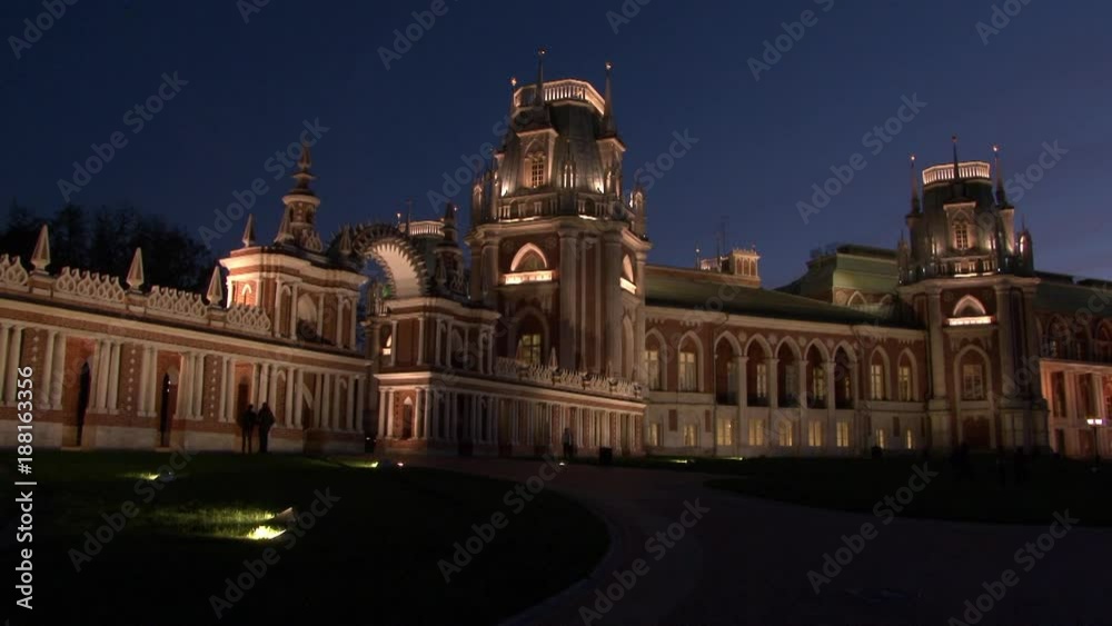 Towers and fortresses of red brick of Tsaritsyno Museum in Moscow at night. Beautiful views of capital of Russia. Towers and fortresses of red brick of Tsaritsyno Museum in Moscow at night. Beautiful views of capital of Russia.