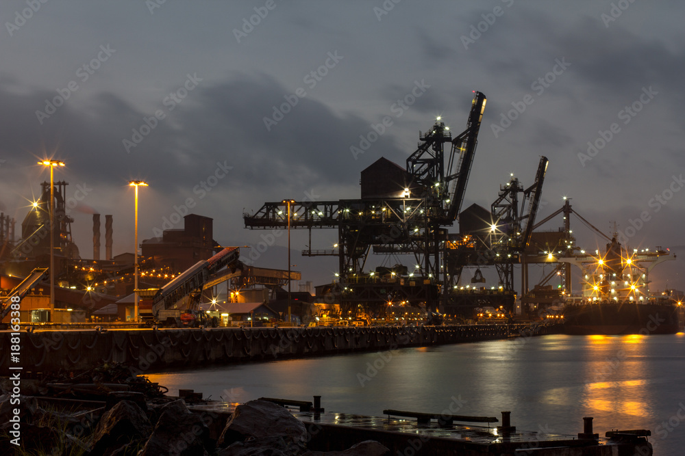 Ship at Coal Port on Wet Stormy Night