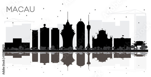 Macau China City Skyline Black and White Silhouette with Reflections.