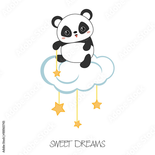 Cartoon panda sitting on the cloud