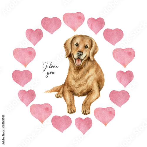 Watercolor vector round frame with hearts and dog retriever .