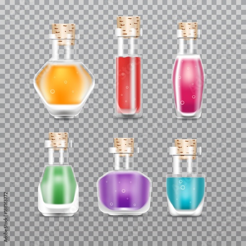Realistic Chemistry glass bottles of potion set. Love potion. Vector illustration.