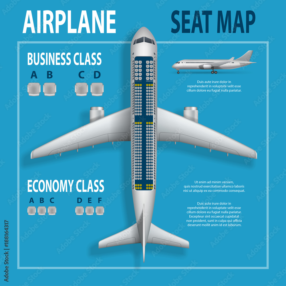 Banner, poster, flyer with airplane seats plan. Business and economy classes  top view Aircraft information map. Realistic passenger aircraft indoor  seating chart. Vector illustration. Stock Vector | Adobe Stock