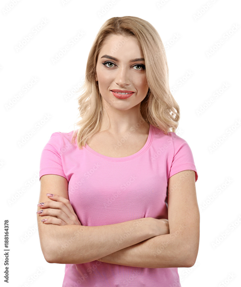 Young beautiful smiling woman on white background Young beautiful smiling woman on white background
