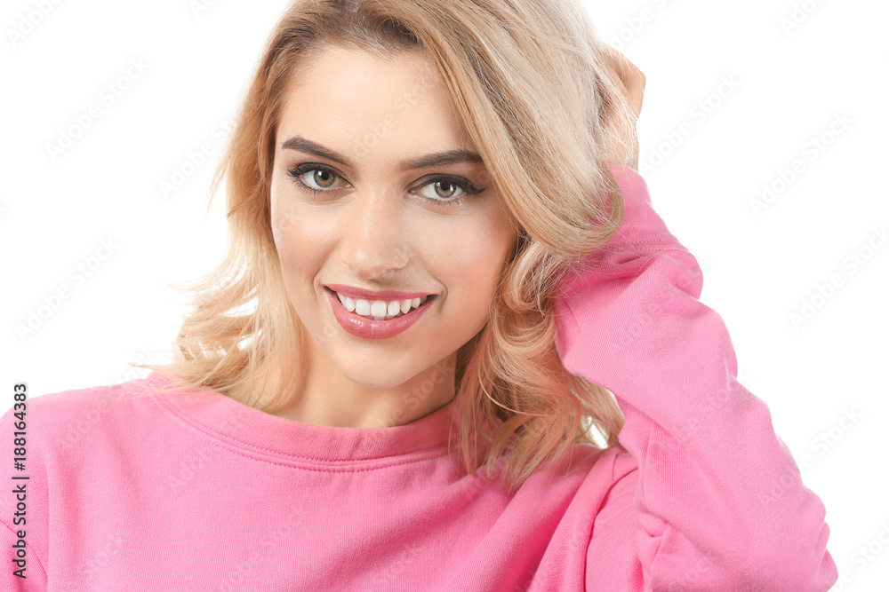 Young beautiful smiling woman on white background Young beautiful smiling woman on white background