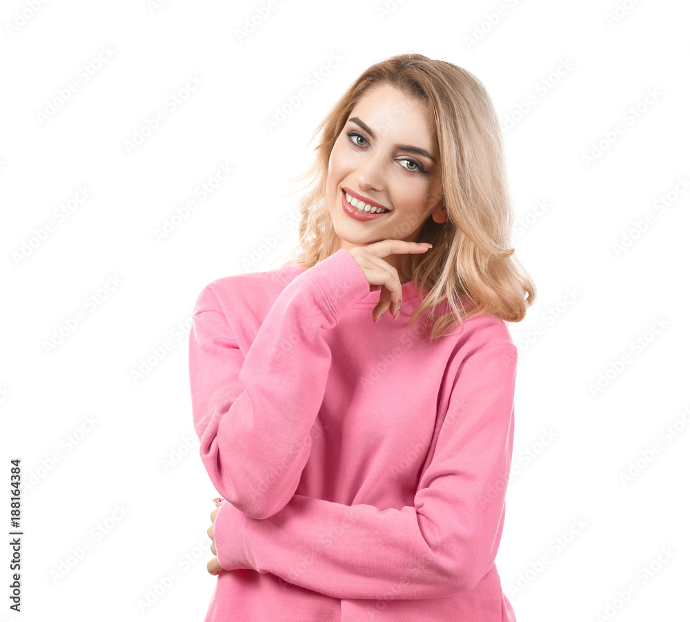 Young beautiful smiling woman on white background Young beautiful smiling woman on white background