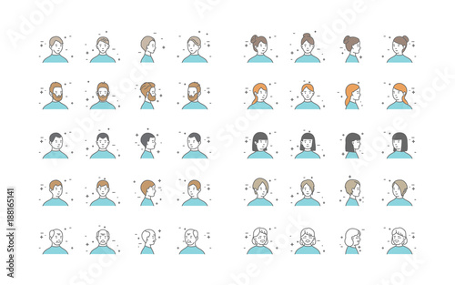People Avatars Collection Vector. Default Characters Avatar. Cartoon Line Art Illustration