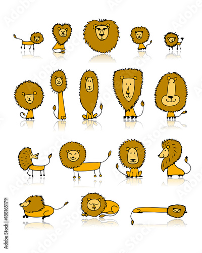 Fototapeta Naklejka Na Ścianę i Meble -  Funny lions set, sketch for your design