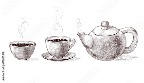 Vector black and white sketch illustration of fresh brewed hot and flavored morning coffee and tea from teapot in cup. Drink with steam in bowl. Imitation vintage engraving.