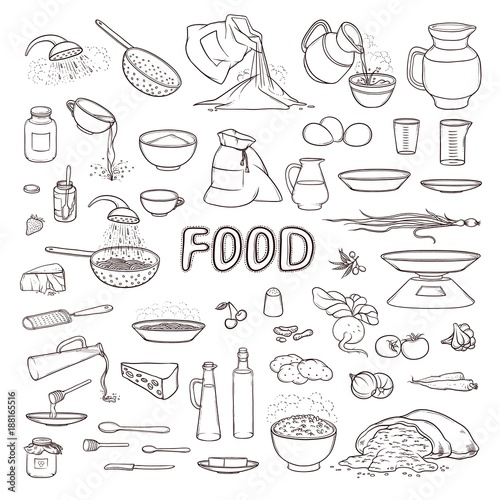 Vector black and white sketch collection set food products, beverages, kitchen utensils, various dishes and cutlery. Cooking pasta, pour olive oil and honey. Fresh vegetables, flour and grain in bag.