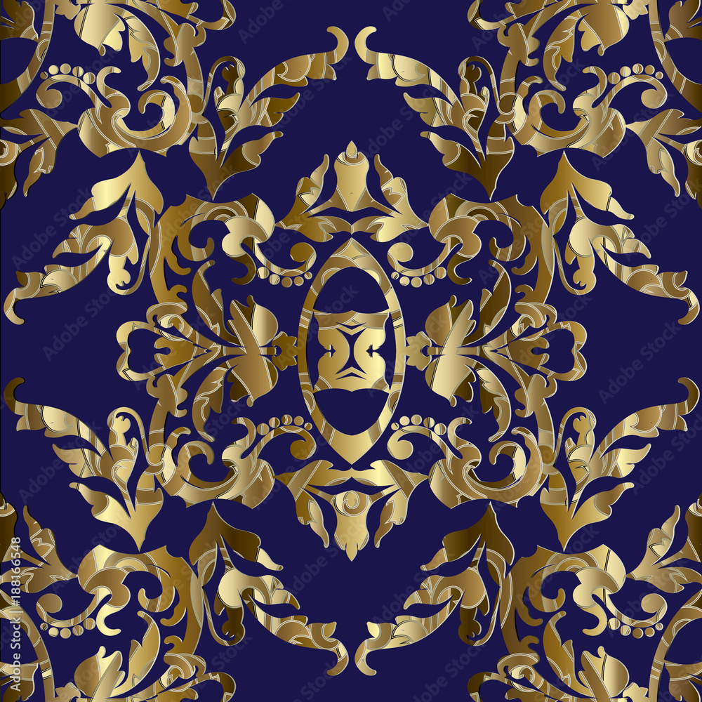 Gold and Navy Blue Baroque Design Fabric by the Yard 