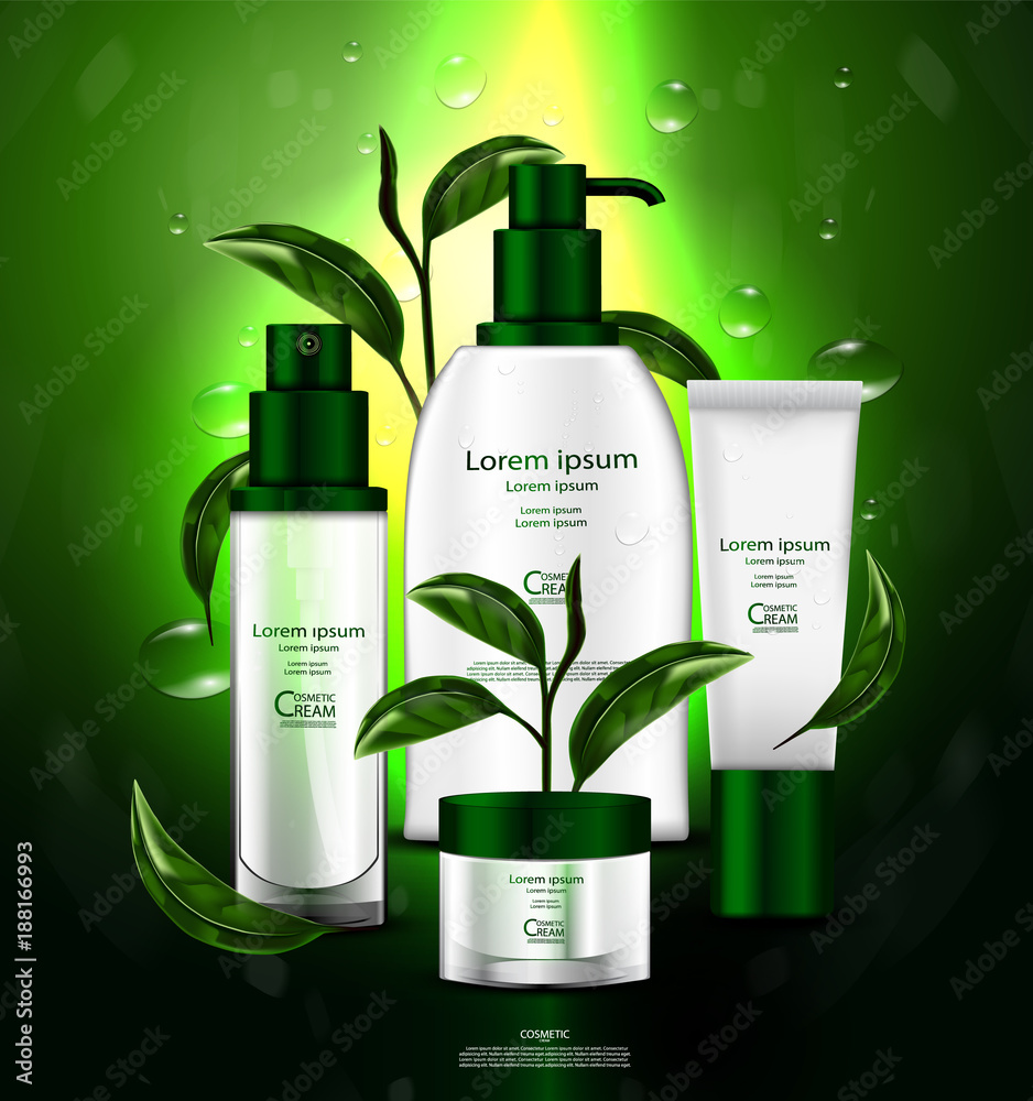 Luxury cosmetic Bottle package skin care cream, Green tea serum, Beauty cosmetic product poster, with Bokeh and Water background Luxury cosmetic Bottle package skin care cream, Green tea serum, Beauty cosmetic product poster, with Bokeh and Water background