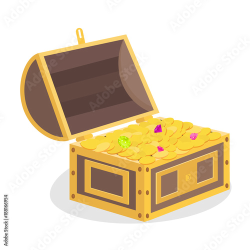Treasure chest, treasure with gold coins and precious stones. Pirate treasures.