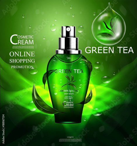 Luxury cosmetic Bottle package skin care cream, Green tea serum, Beauty cosmetic product poster, with Bokeh and Water background