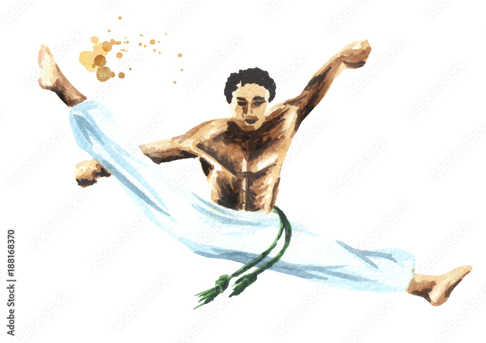 Young man practicing capoeira, jumping in air and fighting isolated on white background
