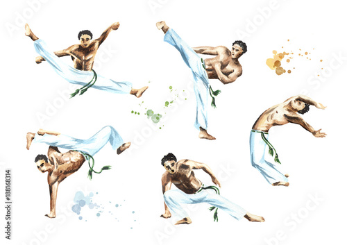 Capoeira fighters set, isolated on white background. Concept about people, lifestyle and sport. Watercolor hand drawn  illustration