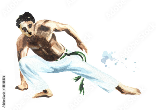 Young man practicing capoeira, fighting isolated on white background