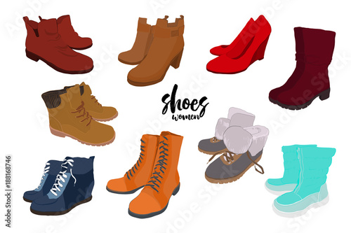 illustration of Set hand drawn colorful man and women Footwear in isometric style. Shoes Casual and sport style, gumshoes, boots for cold seasons. Design isolated object.