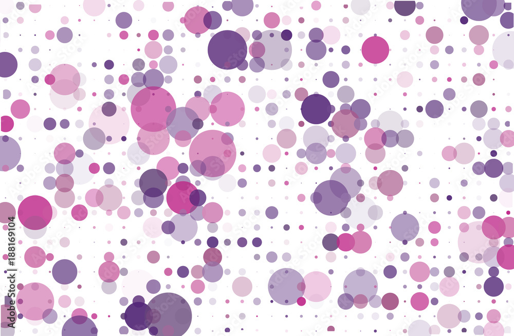 Obraz premium Violet, pink dotted background with circles, dots, point different size, scale. Halftone pattern. Vector illustration