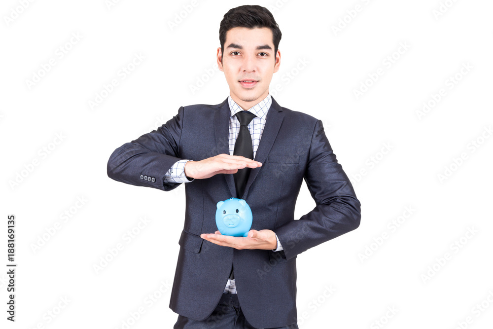 Businessman holding a piggy bank in hands isolated on white background Businessman holding a piggy bank in hands isolated on white background