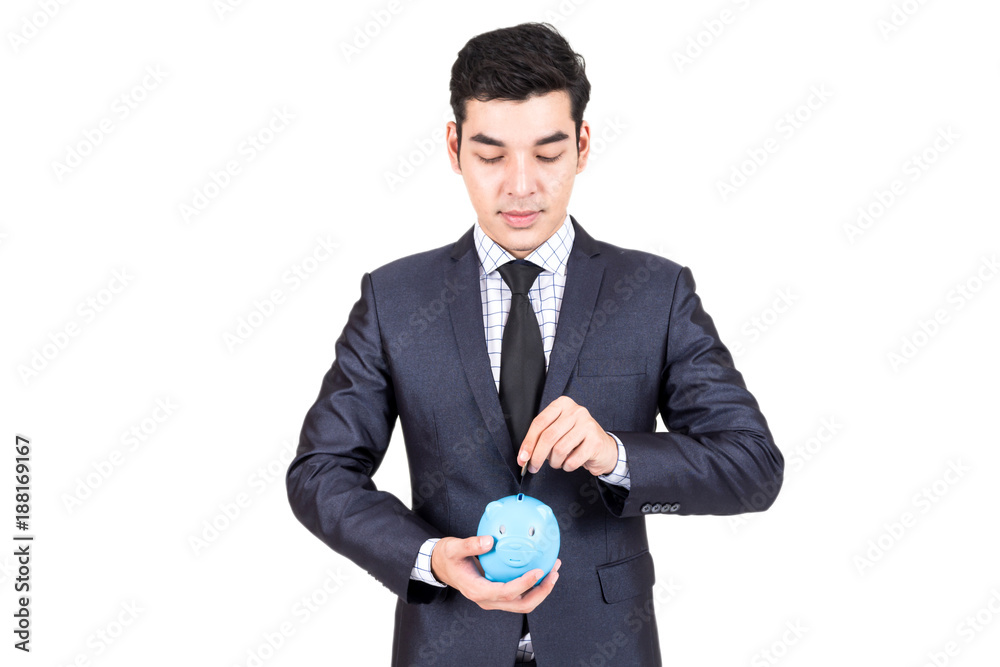 Businessman holding a piggy bank in hands isolated on white background Businessman holding a piggy bank in hands isolated on white background