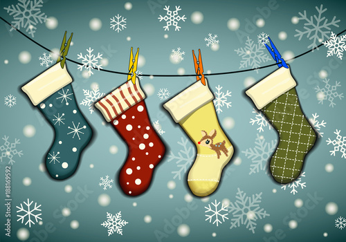 Christmas stockings for presents, hanging on a rope. vector illustration
