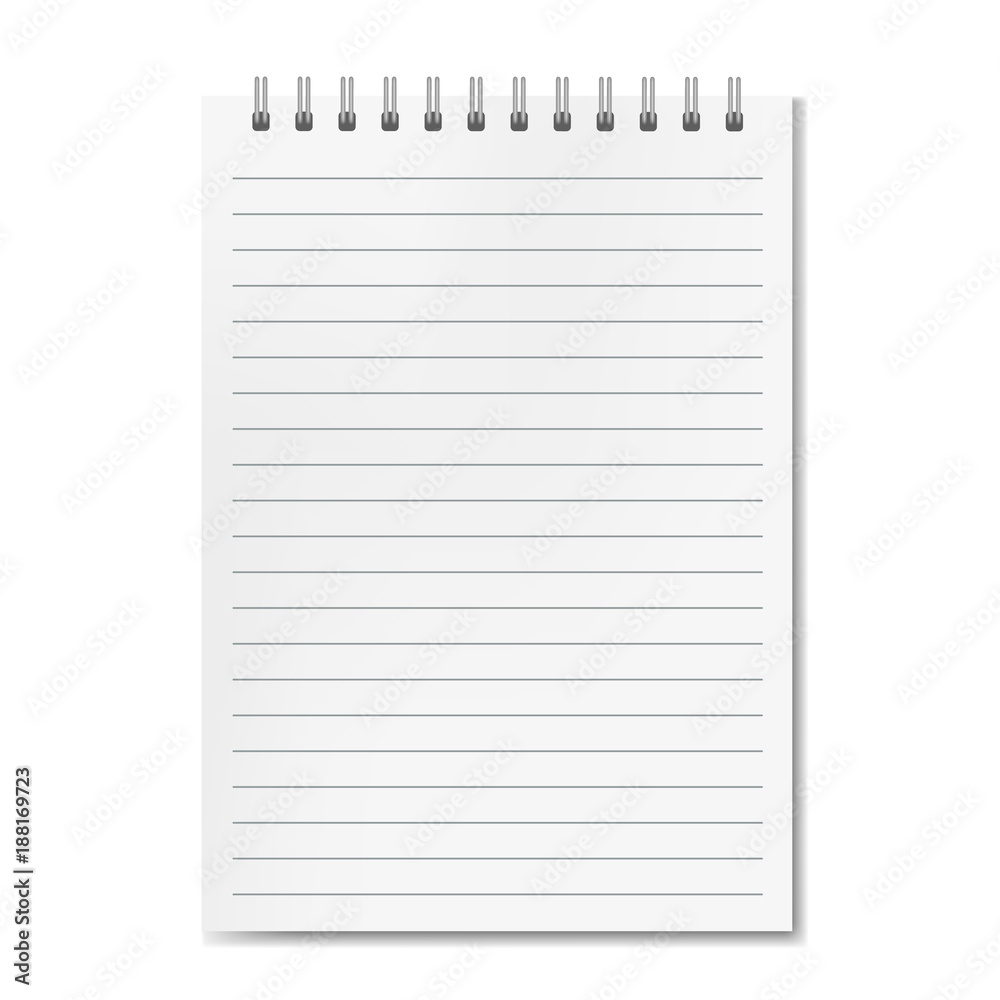 Blank realistic vector vertical lined notebook with shadow template. Notepad with blank opened ruled page on metallic spiral, textbook or organizer mockup for your text Blank realistic vector vertical lined notebook with shadow template. Notepad with blank opened ruled page on metallic spiral, textbook or organizer mockup for your text