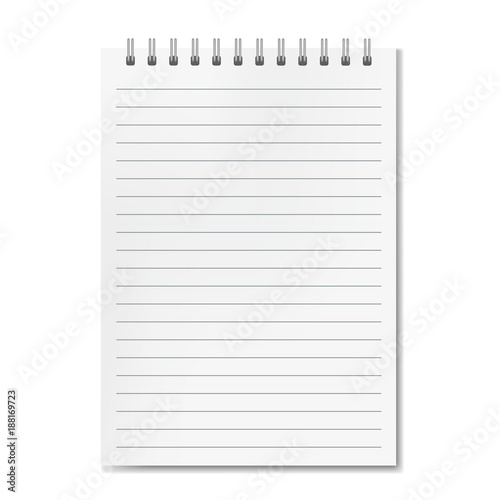 Blank realistic vector vertical lined notebook with shadow template. Notepad with blank opened ruled page on metallic spiral, textbook or organizer mockup for your text