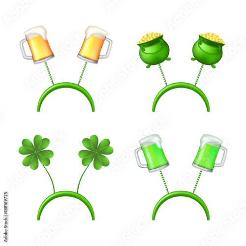 Saint Patrick's Concept Icons Collection. Vector Illustration with Realistic Headbands with Shamrock, Glasses of Beer and with Pot Isolated on White Background.