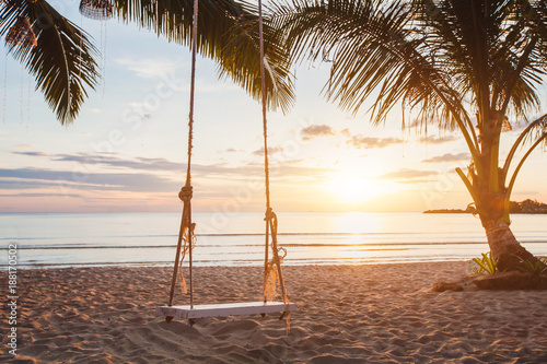 dreamy paradise beach relaxing landscape, tropical swing at sunset