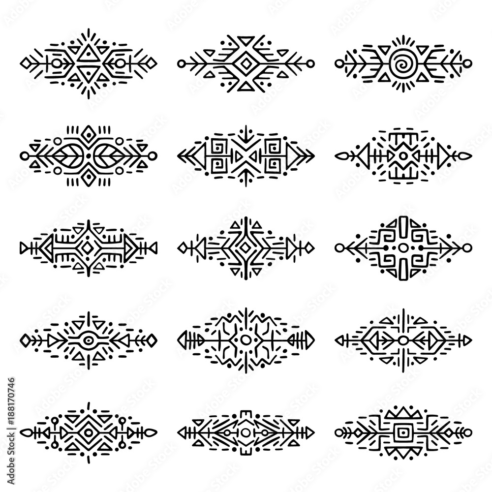 Collection of Hand Drawn Borders in Ethnic Style. Aztec art dividers ...