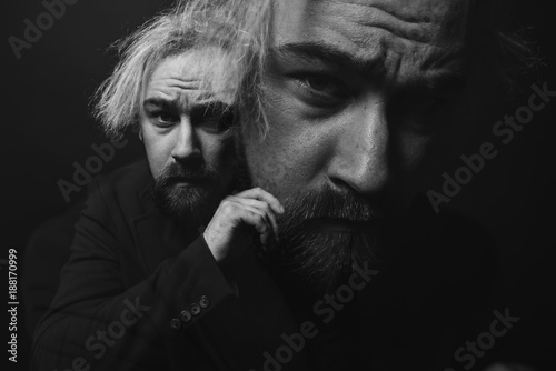 Fototapeta Naklejka Na Ścianę i Meble -  Philosophy of Thought. Concept. Portrait of a bearded man. Creative double exposure portrait of young man.