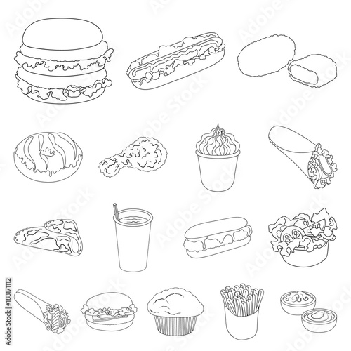 Fast food outline icons in set collection for design.Food from semi-finished products vector symbol stock web illustration.