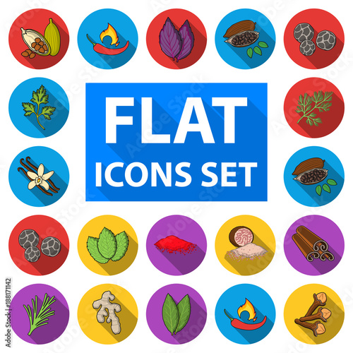 Herb and spices flat icons in set collection for design.Different kinds of seasonings vector symbol stock web illustration.