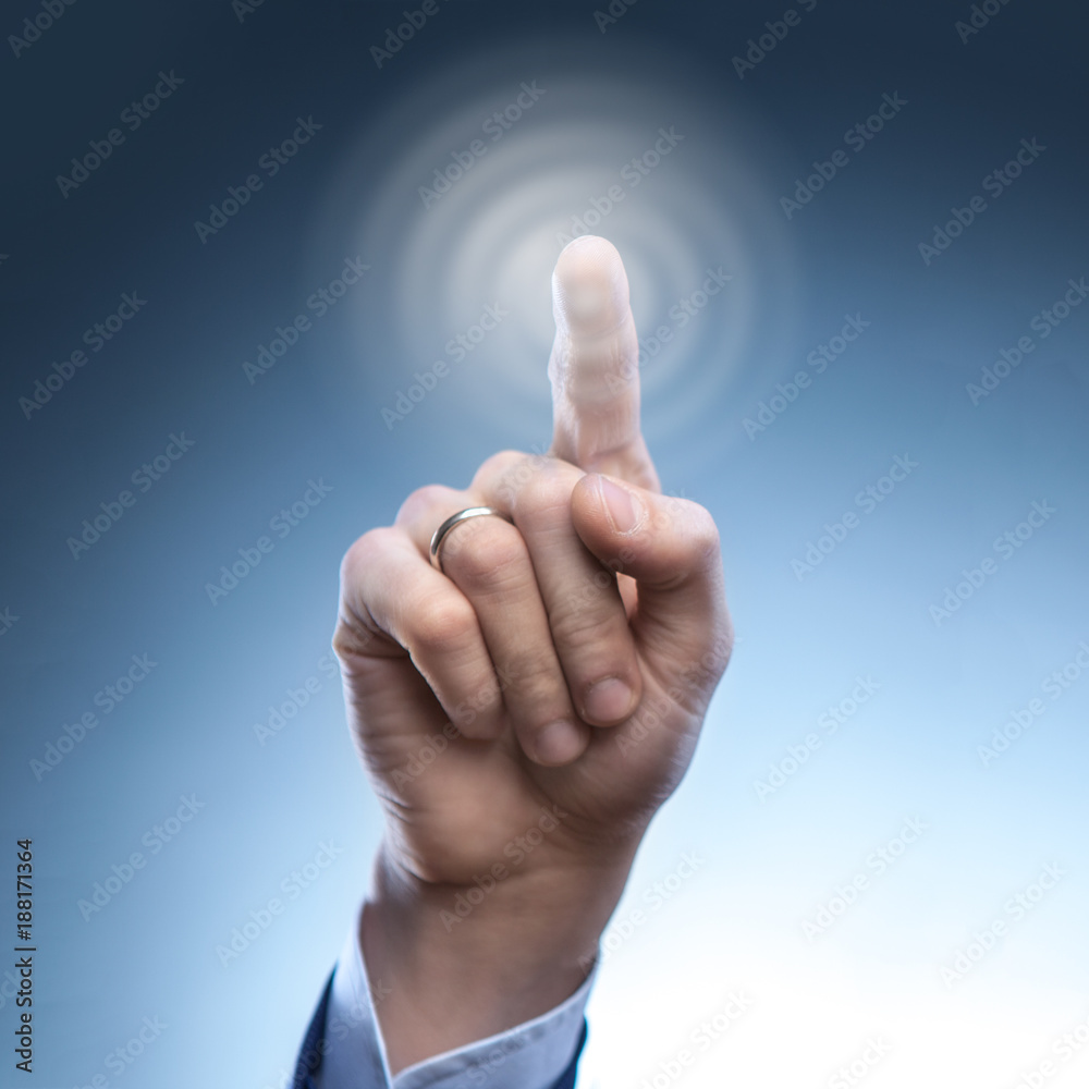 hand of a man presses the button on the virtual screen hand of a man presses the button on the virtual screen