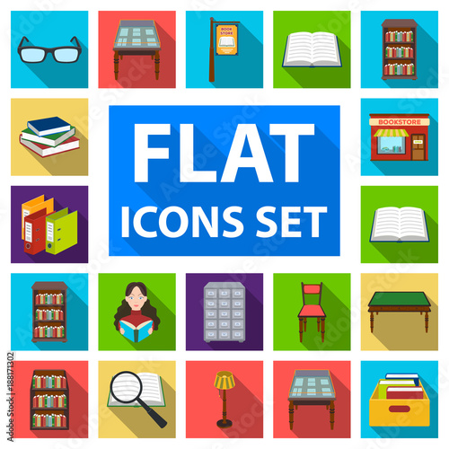 Library and bookstore flat icons in set collection for design. Books and furnishings vector symbol stock web illustration.