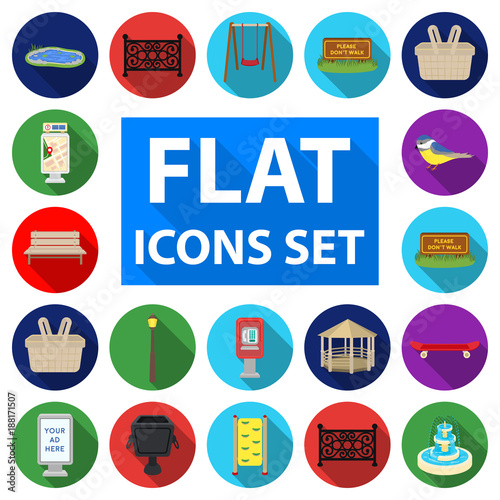 Park, equipment flat icons in set collection for design. Walking and rest vector symbol stock web illustration.