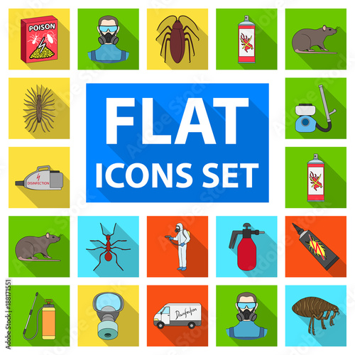 Pest, poison, personnel and equipment flat icons in set collection for design. Pest control service vector symbol stock web illustration.
