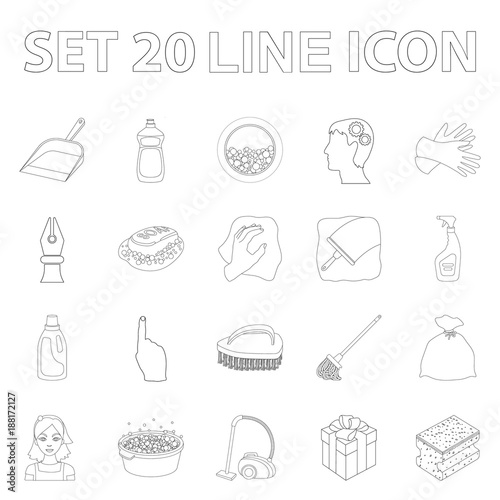 Cleaning and maid outline icons in set collection for design. Equipment for cleaning vector symbol stock web illustration.