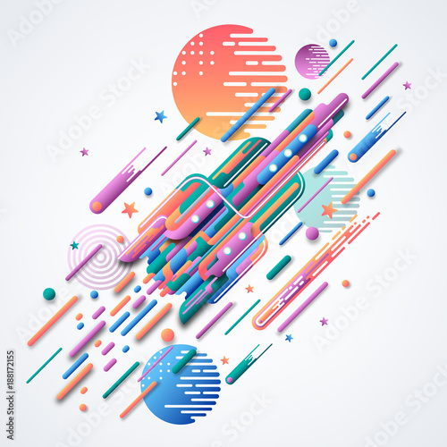 Abstract 3D image of a rocket. Bright curved geometric shapes. Futuristic vector image of a spaceship, planets, starry sky. Modern fashionable style.